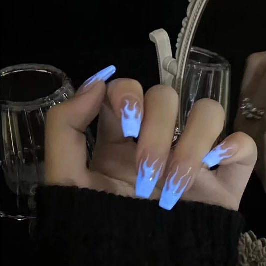 JoyCraft Haven 100% Handmade Glow-in-the-Dark Geometric Starry Sky Press On Nails, New Ins Style Fluorescent Luminous Fake Nails for Winter