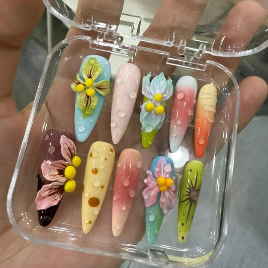 [Jinse] 100% Handmade Dopamine 3D Island Carved Removable Hawaii Ins Luxury Press On Nails