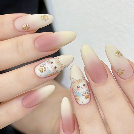 Creamy White Blush French Gradient Cute Kitten Semi-Handmade Press On Nails