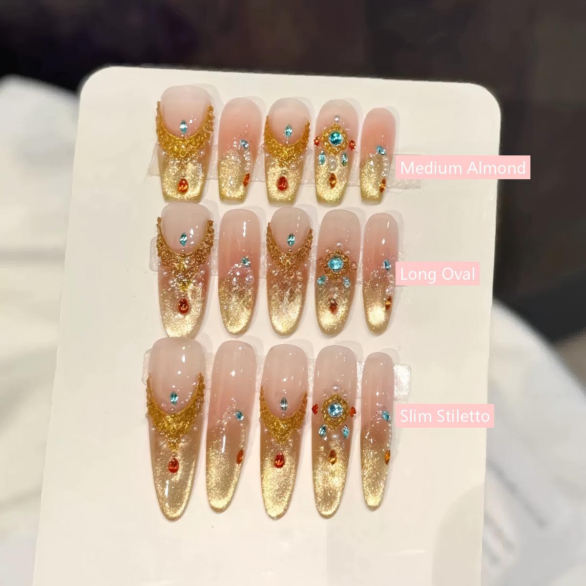 JoyCraft Haven Exotic Luxury Gilded Dunhuang Flying Apsaras Press On Nails, Photo-Ready Skin-Flattering Exquisite Handmade Nails