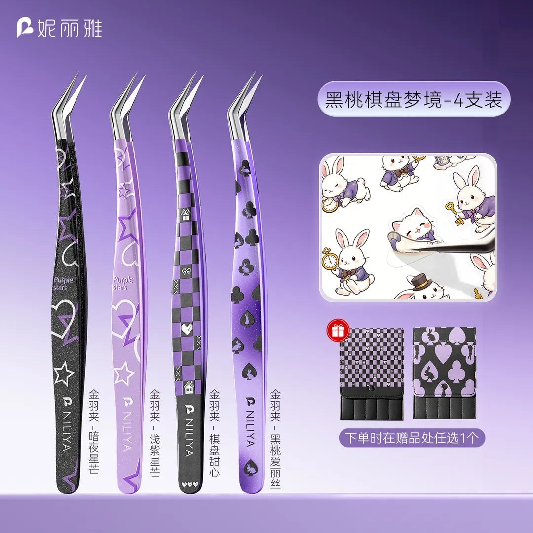 Joy Craft Haven New Glitter Spade Checkerboard Mini Scene Stickers Tweezers, Long Tip Golden Feather Journal Tool・Ultra Sharp Dolphin Tweezers [Checker Sweetheart]