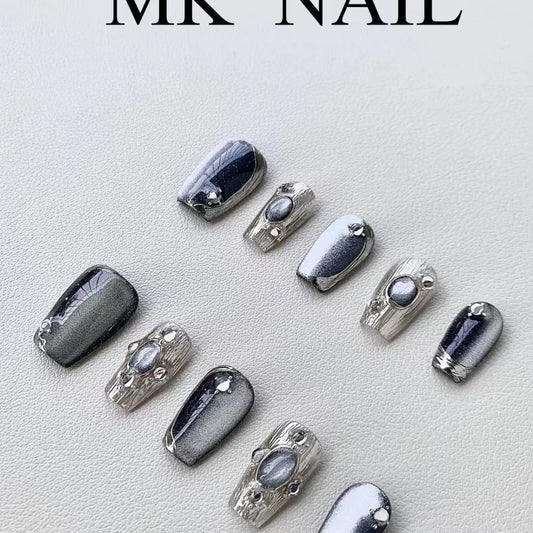 [Buccellati/Cangyan] 100% Handmade Press On Nails, Luxury Black Cat Eye Sparkling, Exquisite Cool Black Bestseller