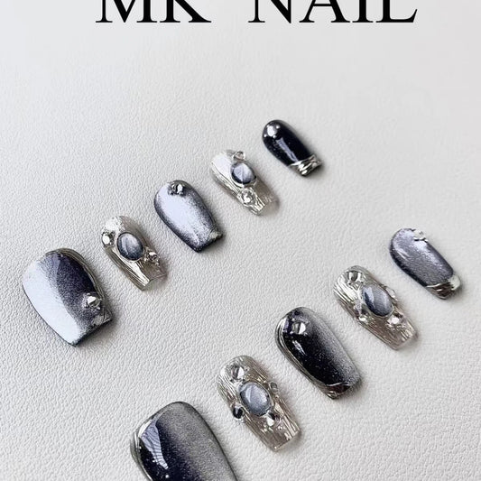 JoyCraft Haven   100% Handmade Press On Nails, Luxury Black Cat Eye Sparkling, Exquisite Cool Black Bestseller