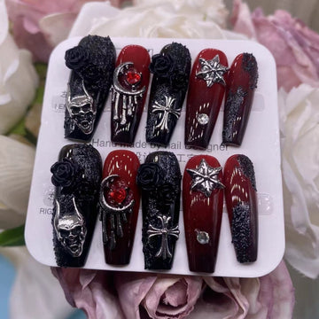 JoyCraft Haven Gothic Blood Ritual Edgy Hot Girl Press On Nails, Retro Metal Black Rose Skull Handmade Nails