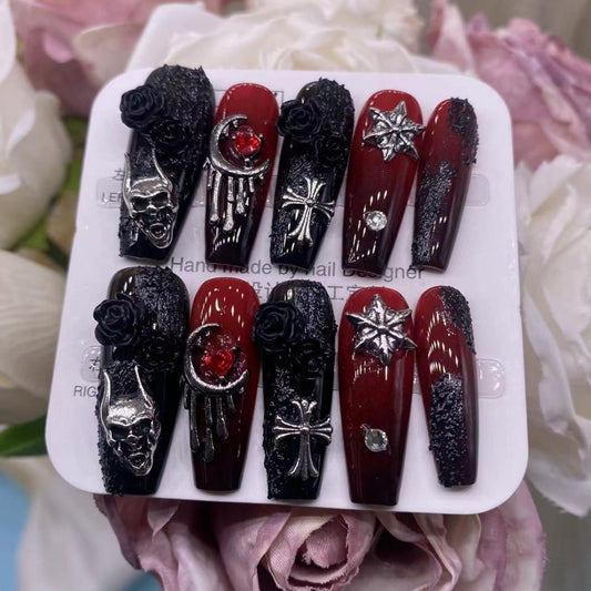 Gothic Blood Ritual Edgy Hot Girl Press On Nails, Retro Metal Black Rose Skull Handmade Nails