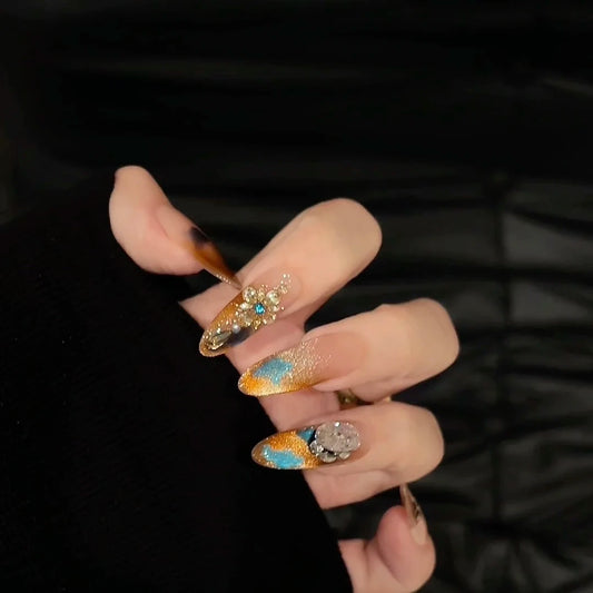 JoyCraft Haven Dream Dance Party | New High-End Color Caramel Gradient + Gold Sunflower Pave Handmade Press-On Nails