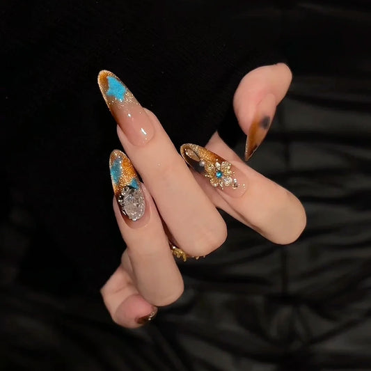 Dream Dance Party | New High-End Color Caramel Gradient + Gold Sunflower Pave Handmade Press-On Nails