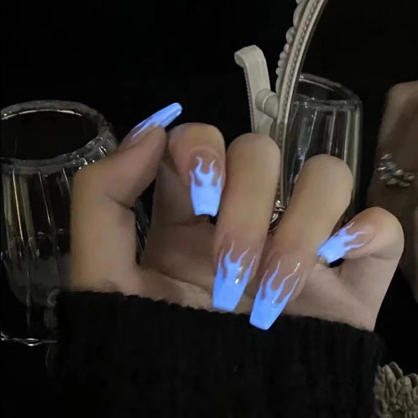 JoyCraft Haven 100% Handmade Glow-in-the-Dark Geometric Starry Sky Press On Nails, New Ins Style Fluorescent Luminous Fake Nails for Winter