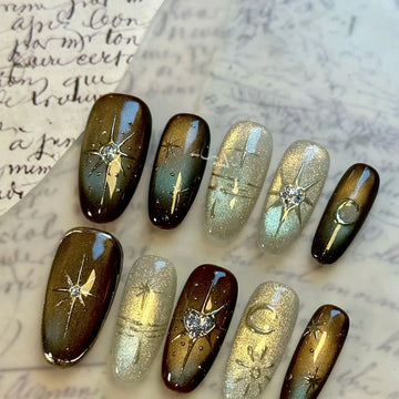 JoyCraft Haven Handmade Cat Eye Gilded Seven-Pointed Star Heart Press On Nails, Winter Skin-Flattering Atmosphere Removable Nails