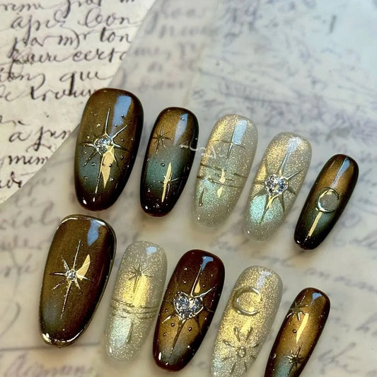 Handmade Cat Eye Gilded Seven-Pointed Star Heart Press On Nails, Winter Skin-Flattering Atmosphere Removable Nails