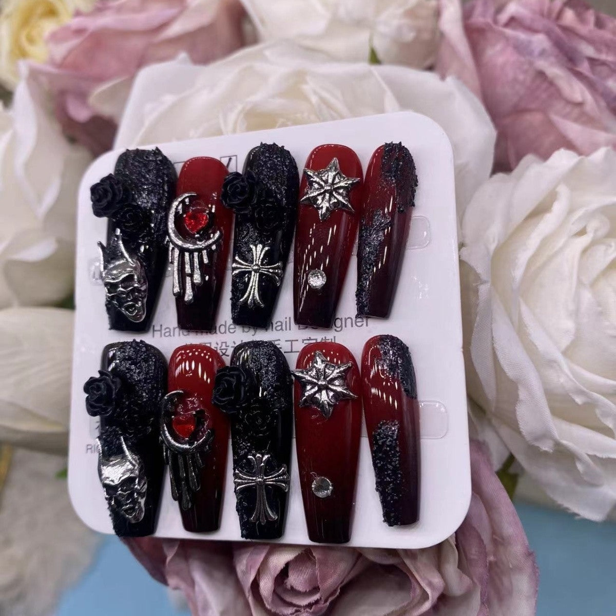 JoyCraft Haven Gothic Blood Ritual Edgy Hot Girl Press On Nails, Retro Metal Black Rose Skull Handmade Nails