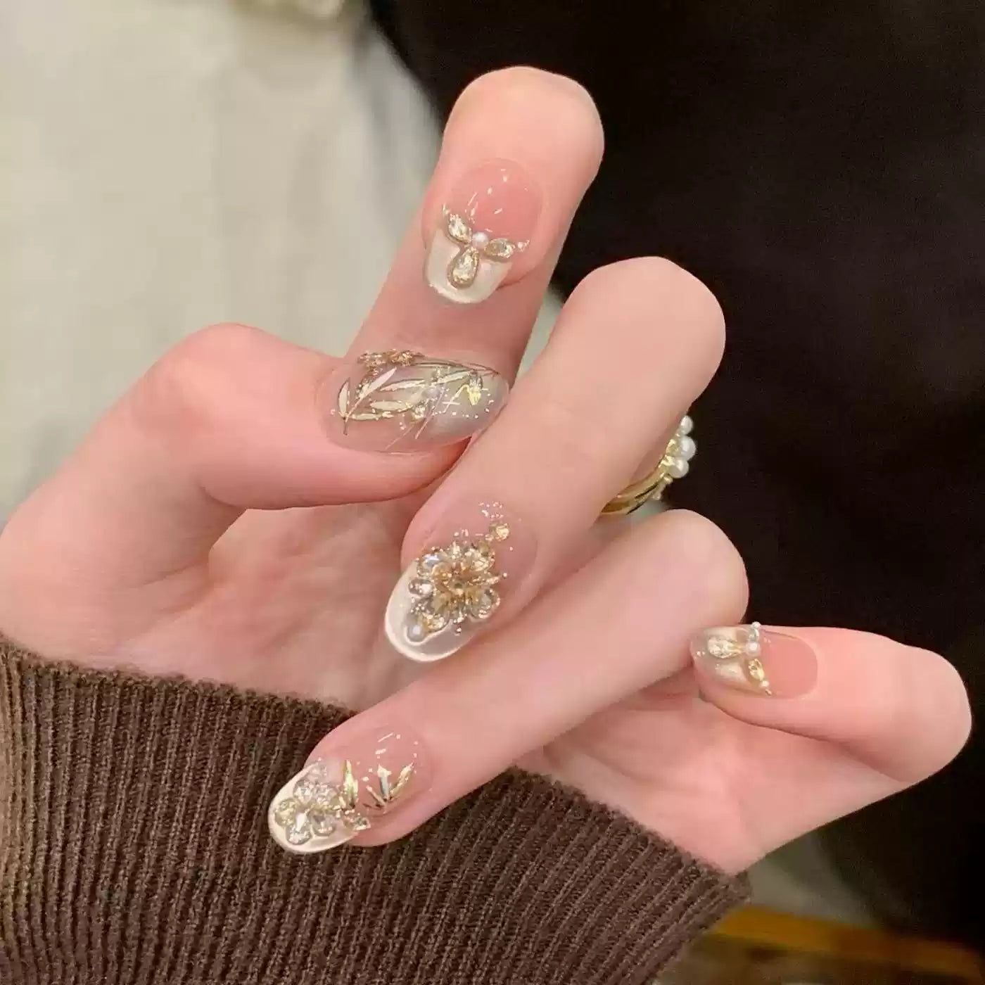 JoyCraft Haven Jade Bamboo Spring New Chinese Bamboo Zircon Cat Eye Press On Nails, Cold Elegant Luxury Handmade Nails