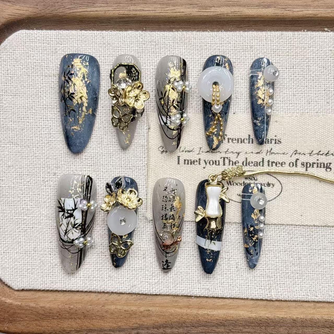 JoyCraft Haven New Chinese Style Internet-Famous Tassel Press On Nails, Medium Long Handmade Premium High-End Wholesale Fake Nails