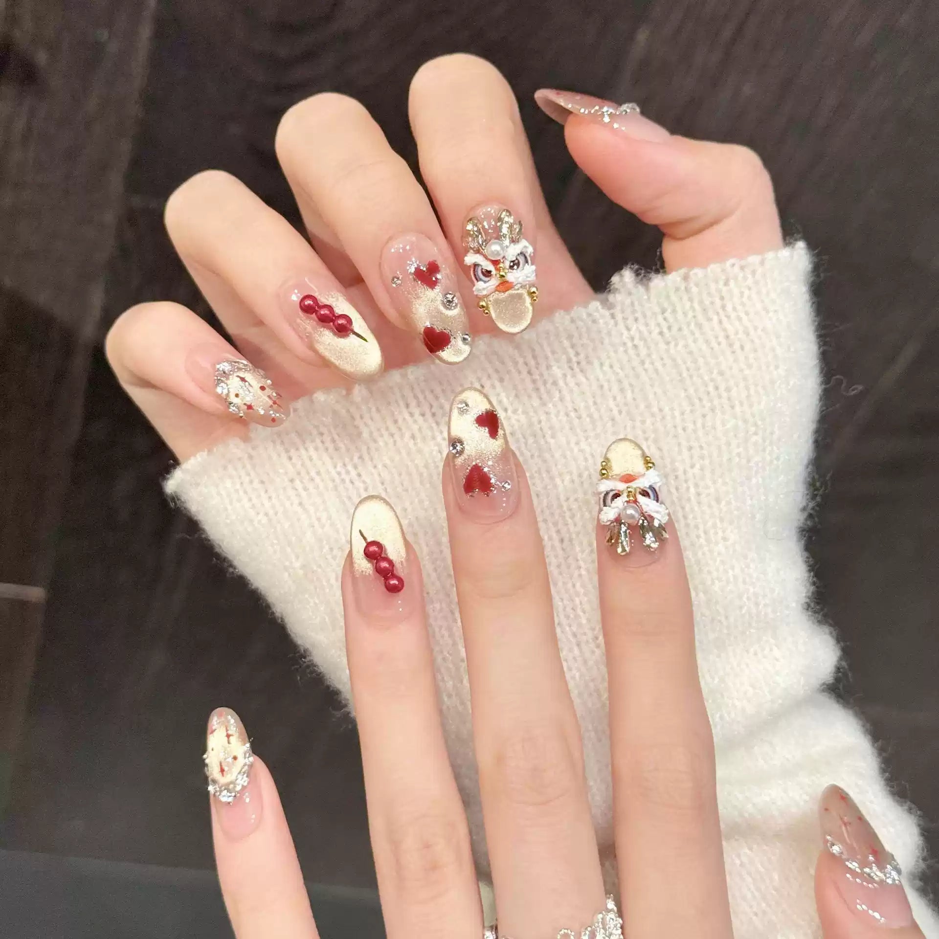 JoyCraft Haven Chinese Style Candied Hawthorn Lion Dance Cat Eye Press On Nails, Medium Long Skin-Friendly Luxury Handmade New Year Nails