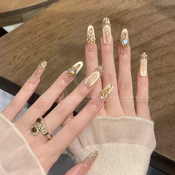 JoyCraft Haven Gilded Secret Realm Nude Crystal Cat Eye Press On Nails, Luxury Diamond Splicing Sparkling Skin-Flattering Temperament Handmade Nails