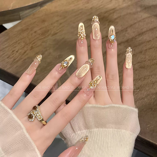 Gilded Secret Realm Nude Crystal Cat Eye Press On Nails, Luxury Diamond Splicing Sparkling Skin-Flattering Temperament Handmade Nails
