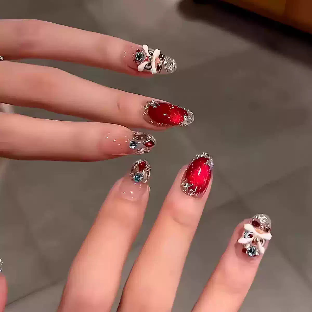 JoyCraft Haven New Year Handmade Lion Dance Press On Nails, Red Cat Eye Broken Rhinestone Skin-Flattering Luxury Nail Stickers
