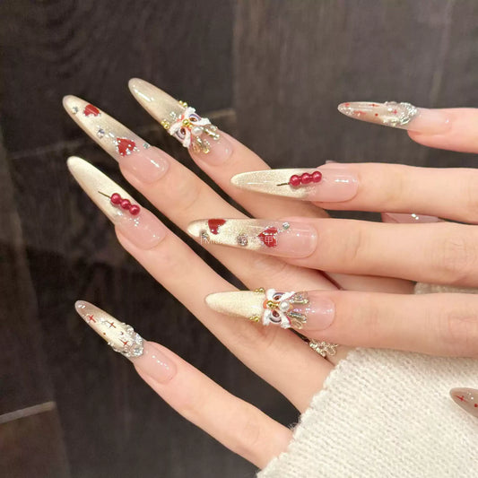 Chinese Style Candied Hawthorn Lion Dance Cat Eye Press On Nails, Medium Long Skin-Friendly Luxury Handmade New Year Nails