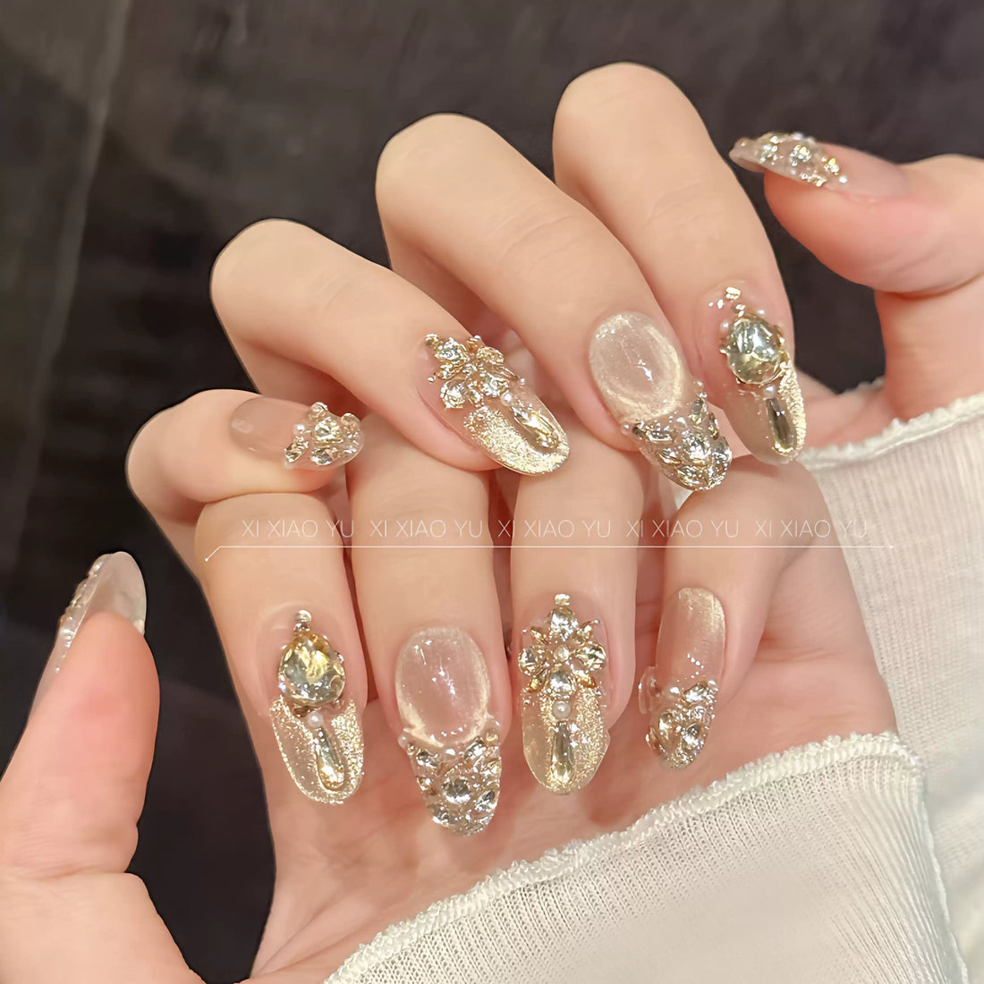 JoyCraft Haven Gilded Secret Realm Nude Crystal Cat Eye Press On Nails, Luxury Diamond Splicing Sparkling Skin-Flattering Temperament Handmade Nails