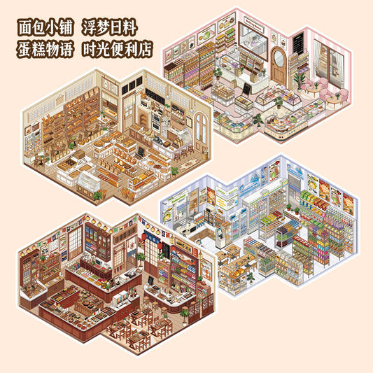 Store Business Storage Scenery Stickers, Convenience Store Shelf Storage 3D Stereo Mini House