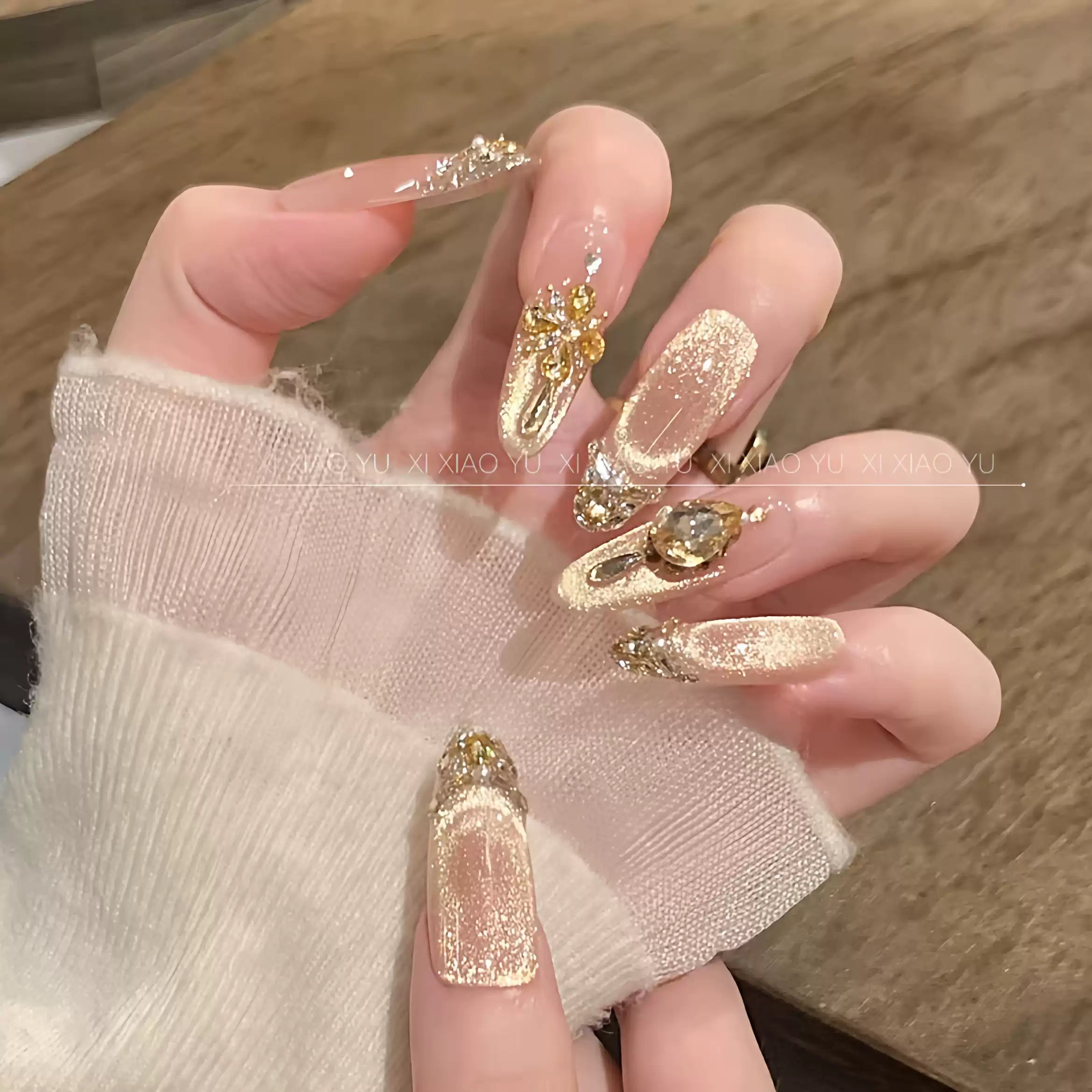 JoyCraft Haven Gilded Secret Realm Nude Crystal Cat Eye Press On Nails, Luxury Diamond Splicing Sparkling Skin-Flattering Temperament Handmade Nails