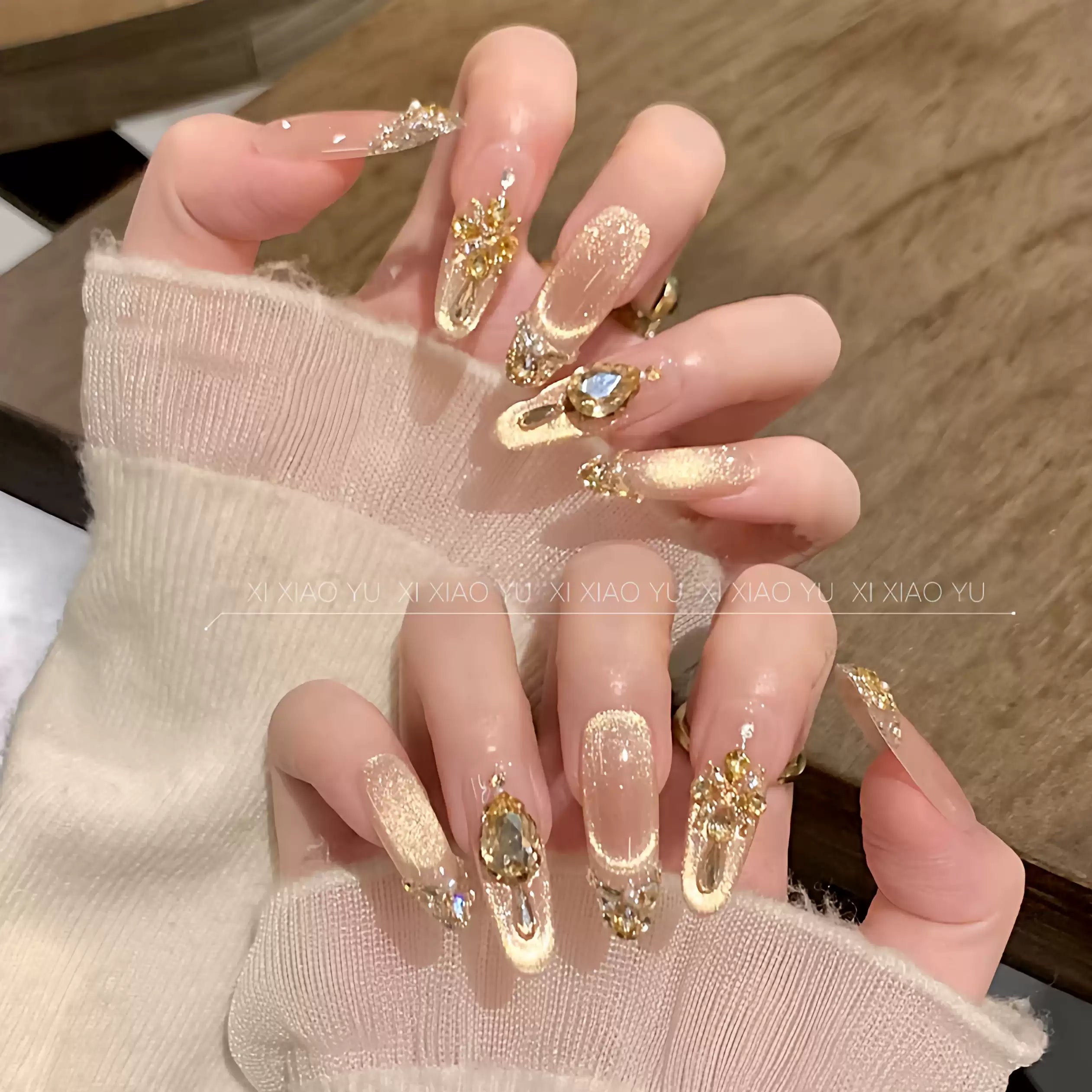 JoyCraft Haven Gilded Secret Realm Nude Crystal Cat Eye Press On Nails, Luxury Diamond Splicing Sparkling Skin-Flattering Temperament Handmade Nails