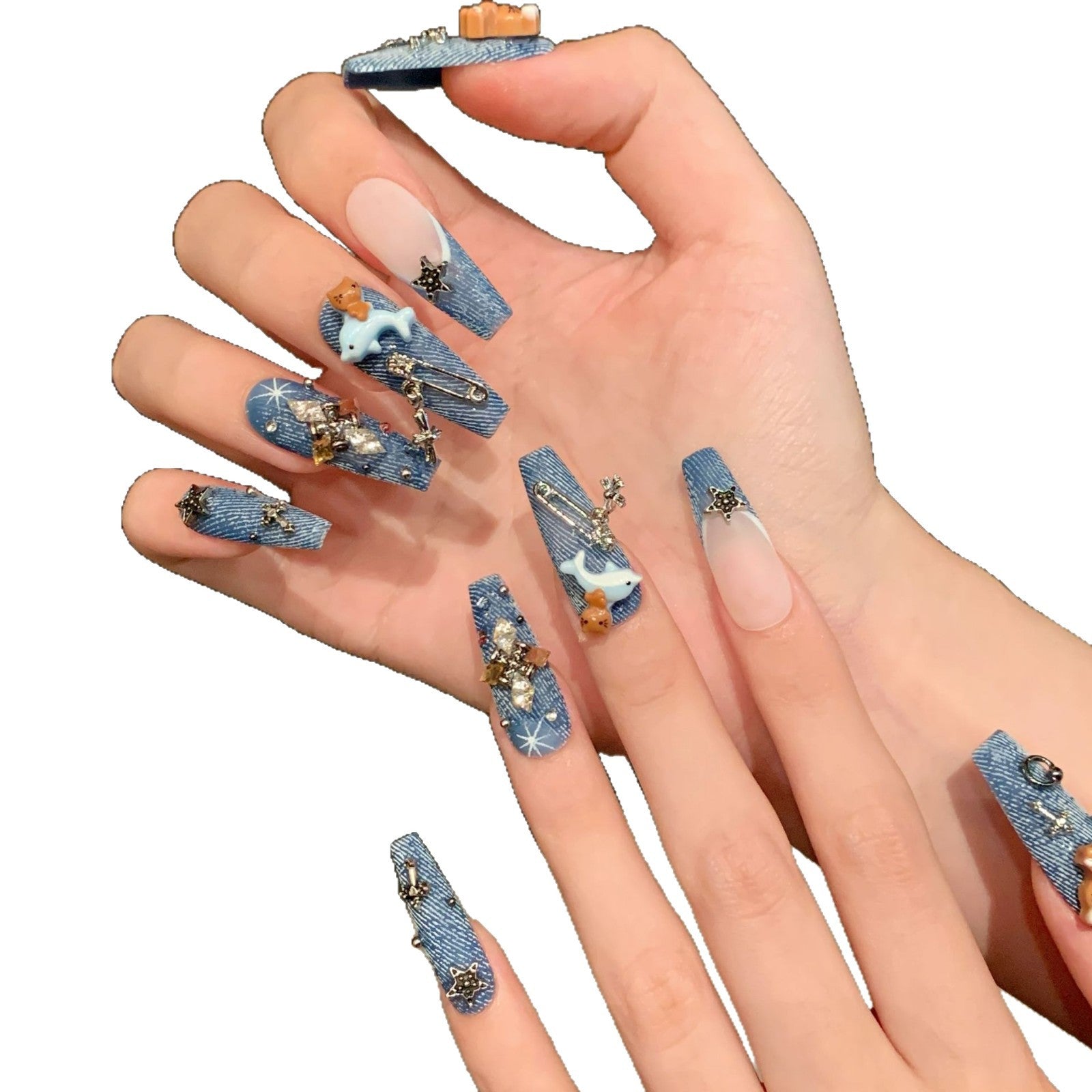 JoyCraft Haven Denim Cat Vintage Denim Style Hot Girl Long Handmade Press On Nails, Black Skin Cat Design