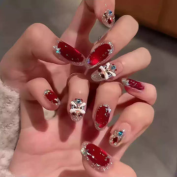 JoyCraft Haven New Year Handmade Lion Dance Press On Nails, Red Cat Eye Broken Rhinestone Skin-Flattering Luxury Nail Stickers
