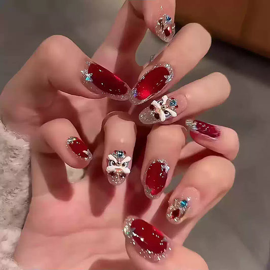 New Year Handmade Lion Dance Press On Nails, Red Cat Eye Broken Rhinestone Skin-Flattering Luxury Nail Stickers
