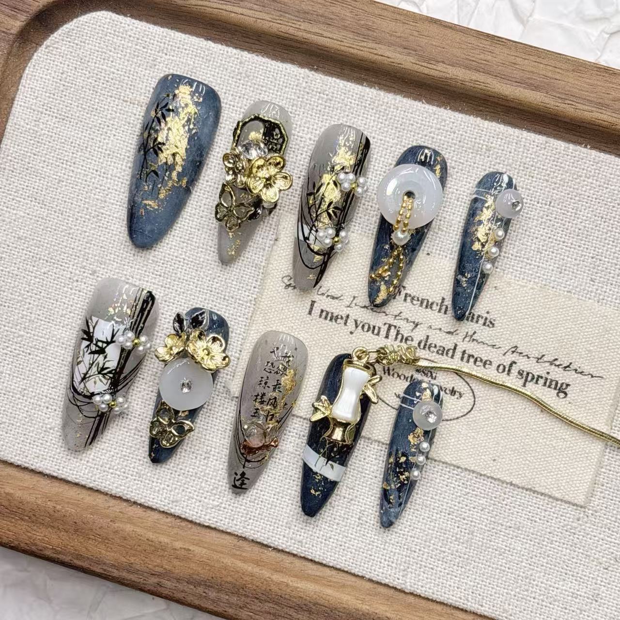 JoyCraft Haven New Chinese Style Internet-Famous Tassel Press On Nails, Medium Long Handmade Premium High-End Wholesale Fake Nails