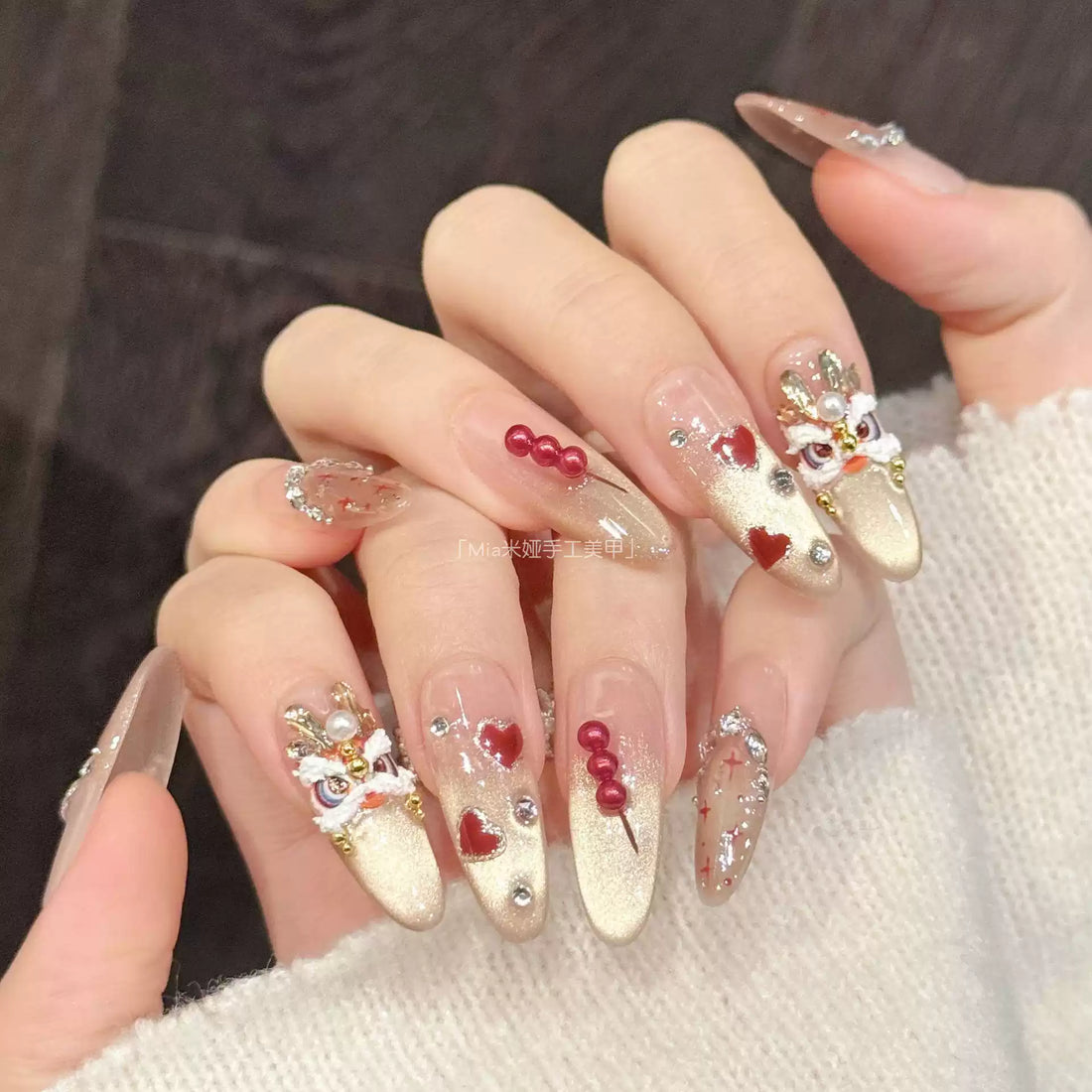 JoyCraft Haven Chinese Style Candied Hawthorn Lion Dance Cat Eye Press On Nails, Medium Long Skin-Friendly Luxury Handmade New Year Nails