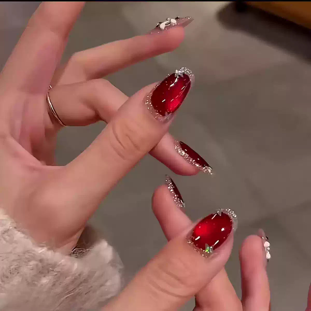 JoyCraft Haven New Year Handmade Lion Dance Press On Nails, Red Cat Eye Broken Rhinestone Skin-Flattering Luxury Nail Stickers