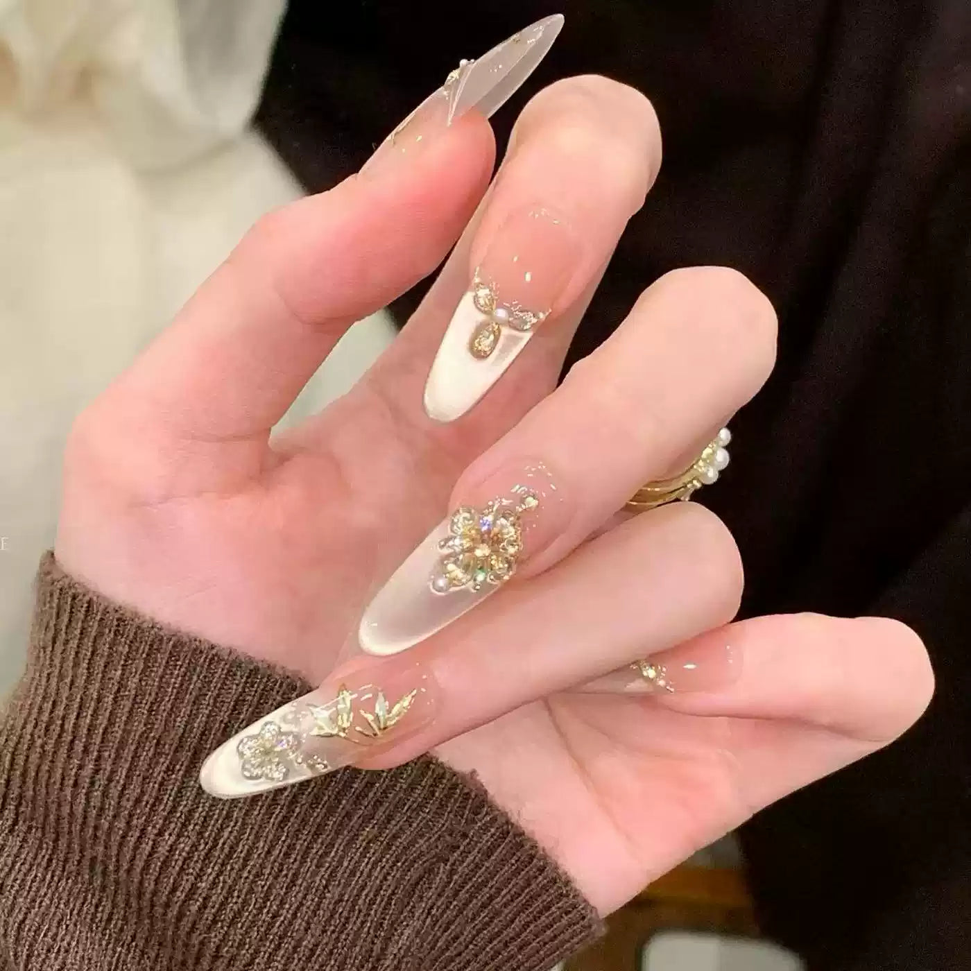JoyCraft Haven Jade Bamboo Spring New Chinese Bamboo Zircon Cat Eye Press On Nails, Cold Elegant Luxury Handmade Nails