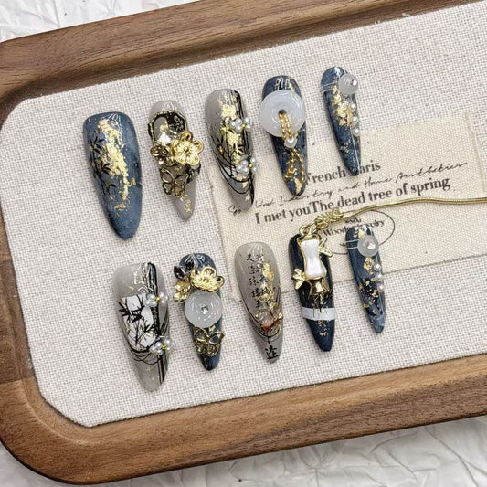New Chinese Style Internet-Famous Tassel Press On Nails, Medium Long Handmade Premium High-End Wholesale Fake Nails