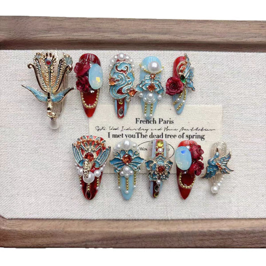Phoenix Auspicious Cloud Handmade Press On Nails, New Chinese Wedding Nail Art, High-Quality Copper Inlaid Zircon Medium Long 2026 New Year Style