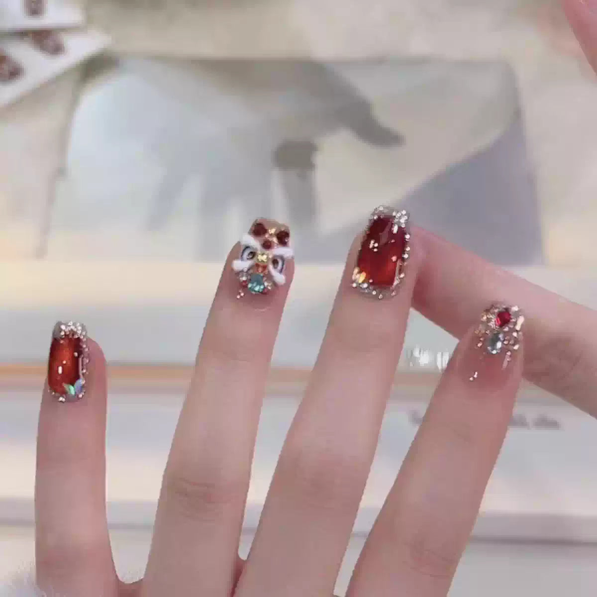 JoyCraft Haven New Year Handmade Lion Dance Press On Nails, Red Cat Eye Broken Rhinestone Skin-Flattering Luxury Nail Stickers