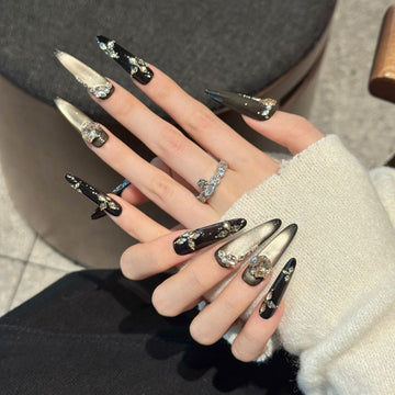 JoyCraft Haven Gilded Dinner Retro Lady Maillard Glitter Broken Rhinestone Cat Eye Press On Nails