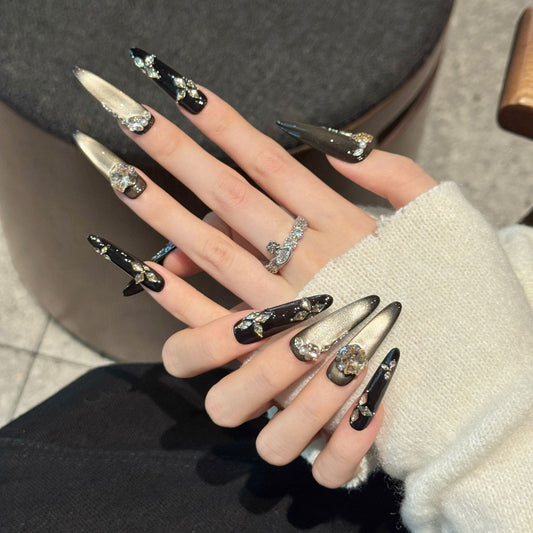 Gilded Dinner Retro Lady Maillard Glitter Broken Rhinestone Cat Eye Press On Nails