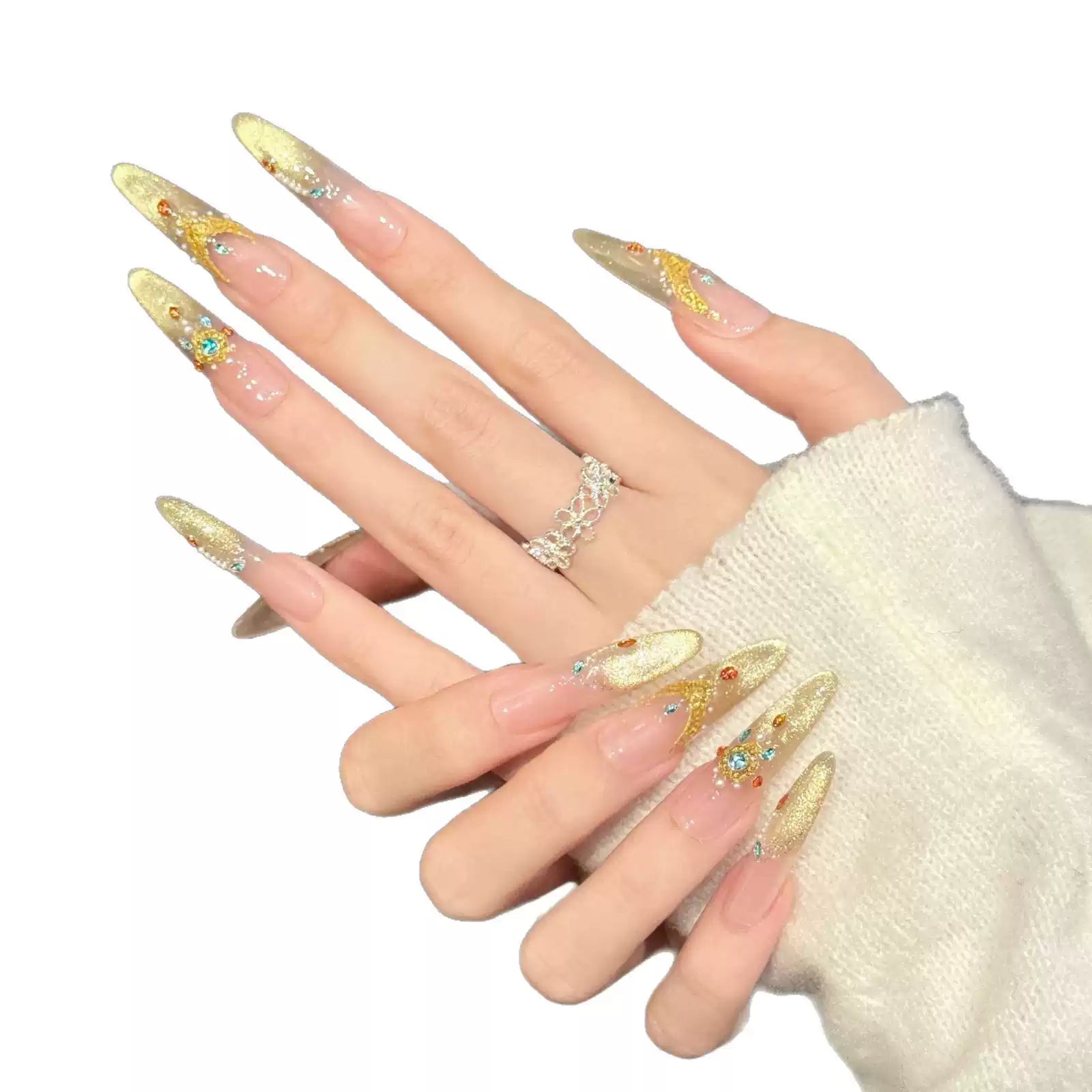 JoyCraft Haven Exotic Luxury Gilded Dunhuang Flying Apsaras Press On Nails, Photo-Ready Skin-Flattering Exquisite Handmade Nails