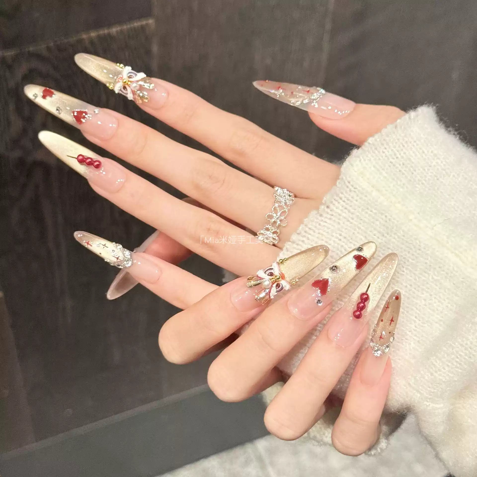 JoyCraft Haven Chinese Style Candied Hawthorn Lion Dance Cat Eye Press On Nails, Medium Long Skin-Friendly Luxury Handmade New Year Nails