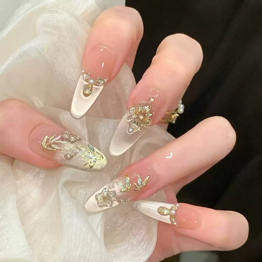 Jade Bamboo Spring New Chinese Bamboo Zircon Cat Eye Press On Nails, Cold Elegant Luxury Handmade Nails