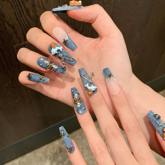 Denim Cat Vintage Denim Style Hot Girl Long Handmade Press On Nails, Black Skin Cat Design