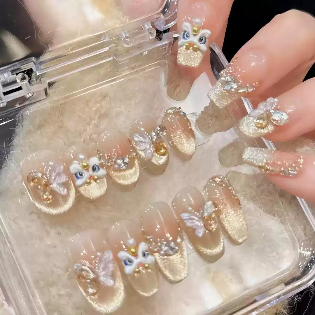 JoyCraft Haven Gilded Lion Dance Internet-Famous New Year Press On Nails, Skin-Flattering New Style High-End Medium Long Handmade Nails