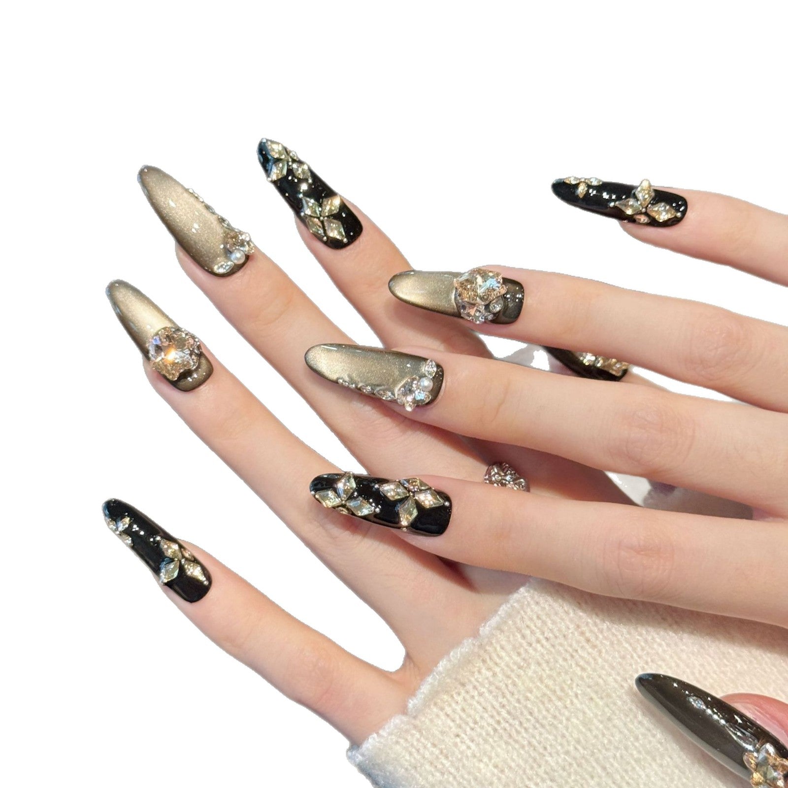 JoyCraft Haven Gilded Dinner Retro Lady Maillard Glitter Broken Rhinestone Cat Eye Press On Nails