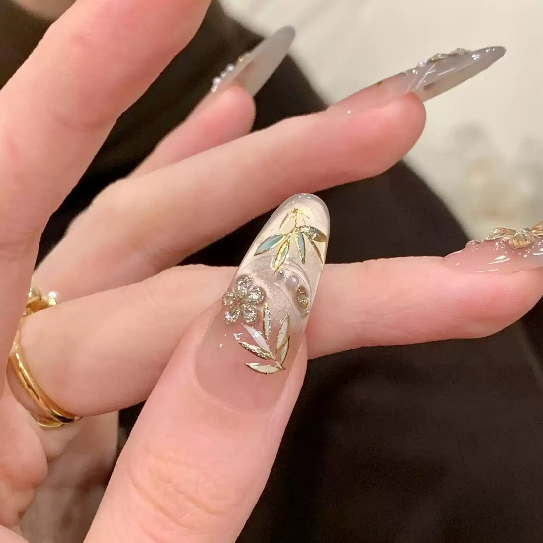 JoyCraft Haven Jade Bamboo Spring New Chinese Bamboo Zircon Cat Eye Press On Nails, Cold Elegant Luxury Handmade Nails