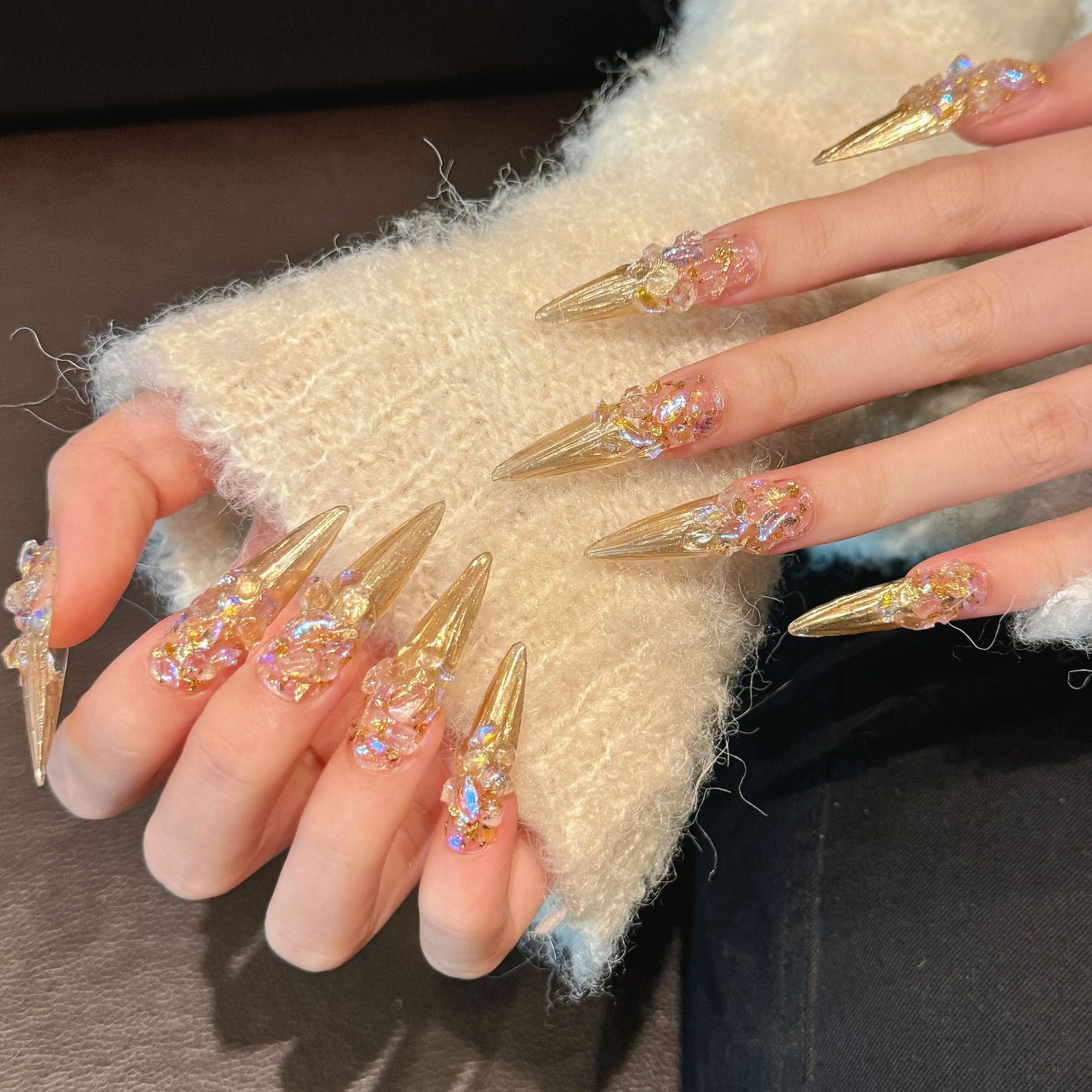 JoyCraft Haven "Eternal Night Star River" Palace Style Mirror Spirit Press On Nails, Exotic Luxury Photo-Ready Skin-Flattering Exquisite Handmade Nail Stickers