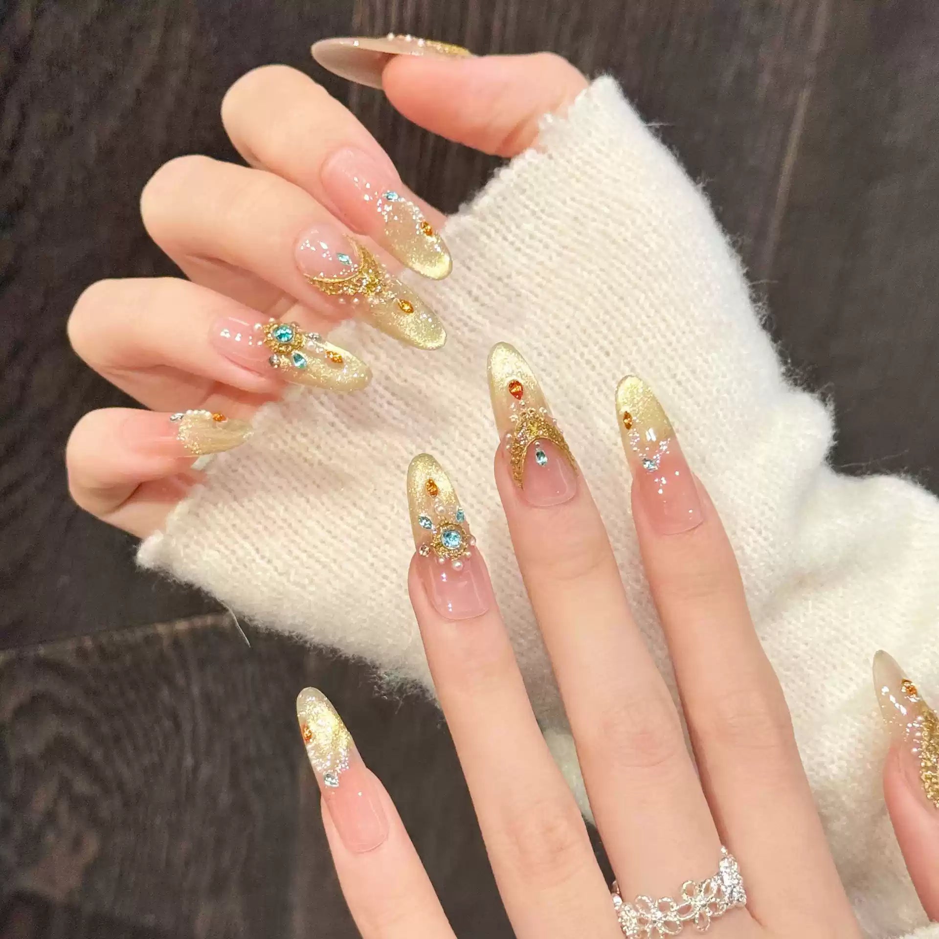 JoyCraft Haven Exotic Luxury Gilded Dunhuang Flying Apsaras Press On Nails, Photo-Ready Skin-Flattering Exquisite Handmade Nails