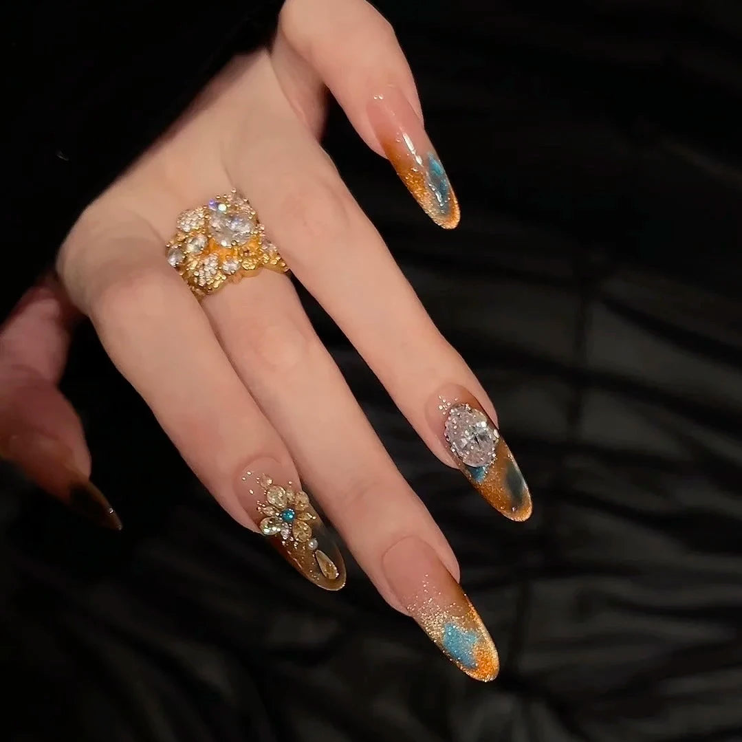 JoyCraft Haven Dream Dance Party | New High-End Color Caramel Gradient + Gold Sunflower Pave Handmade Press-On Nails