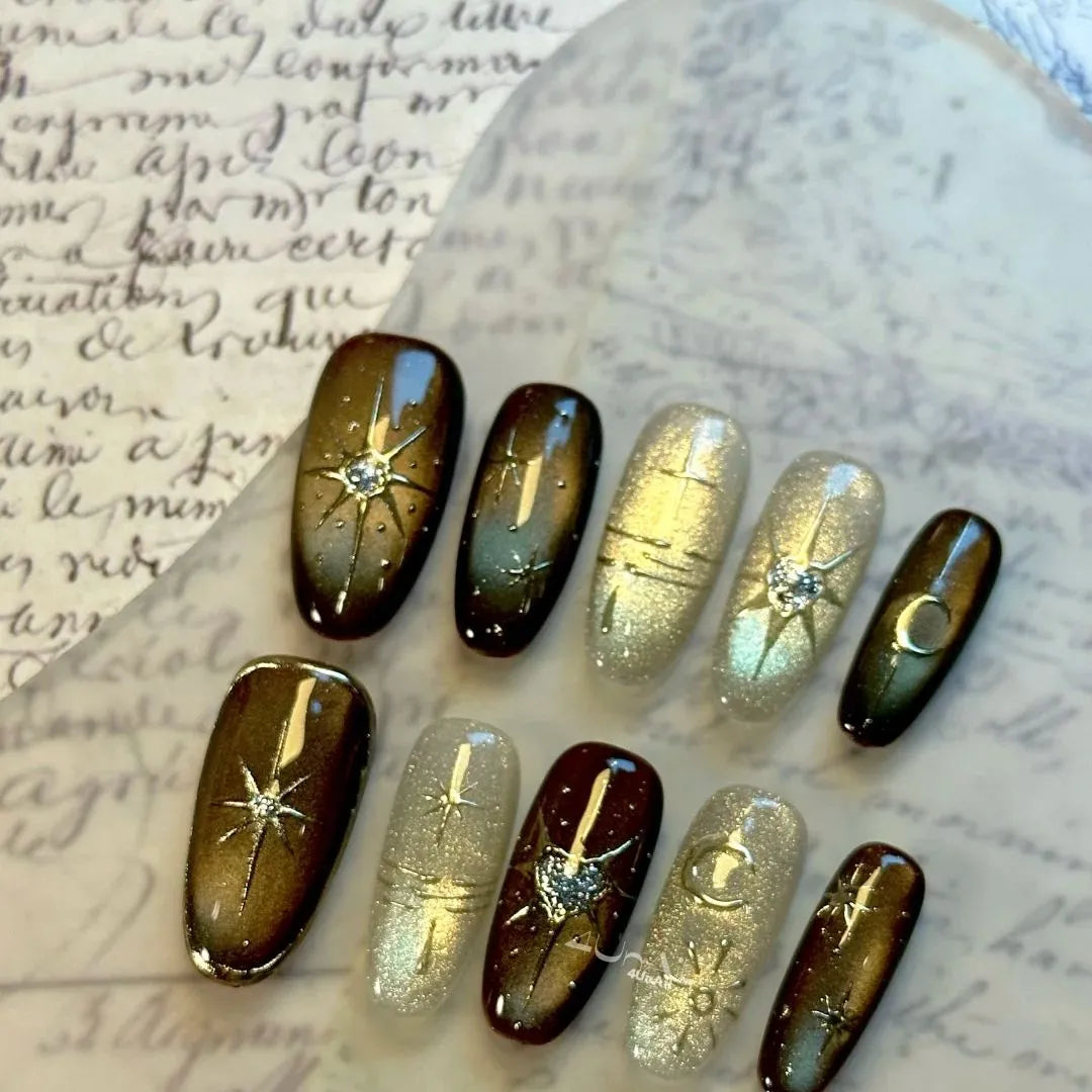 JoyCraft Haven Handmade Cat Eye Gilded Seven-Pointed Star Heart Press On Nails, Winter Skin-Flattering Atmosphere Removable Nails