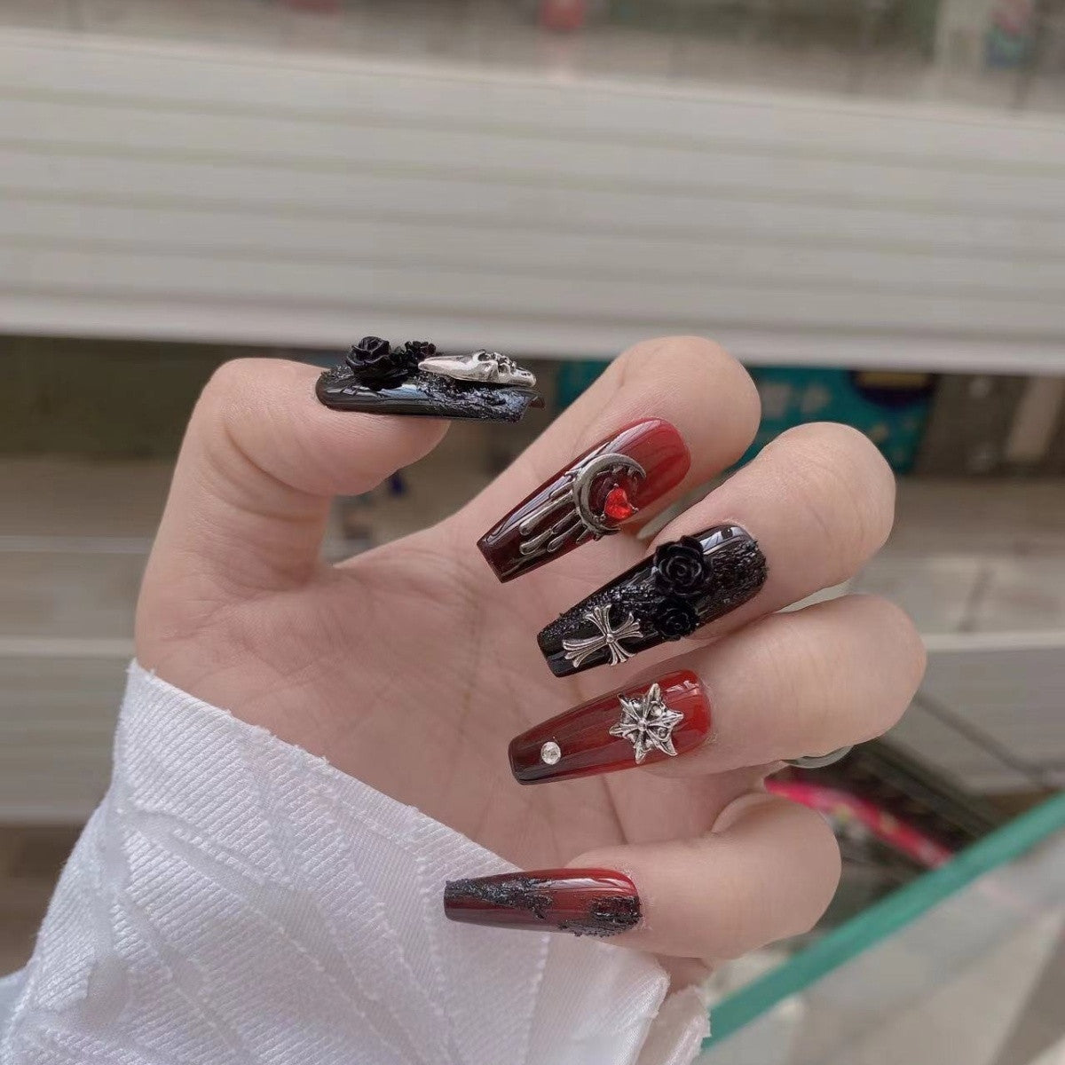 JoyCraft Haven Gothic Blood Ritual Edgy Hot Girl Press On Nails, Retro Metal Black Rose Skull Handmade Nails